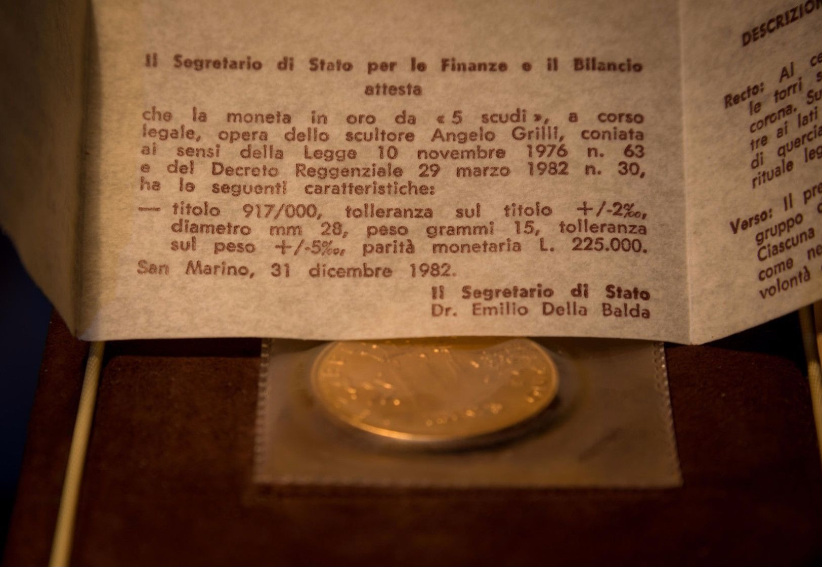 5 SCUDI MONETA D'ORO REPUBBLICA DI SAN MARINO Anno 1982 - Italy