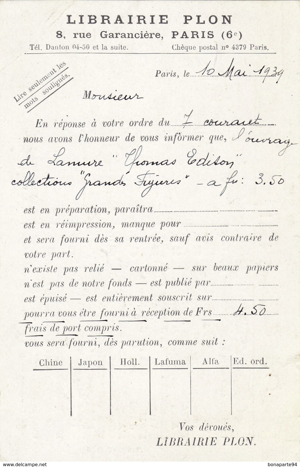 Carte Postale Facture - Librairie Plon - 8 Rue  Garencière Paris 6è Pour Client à Murs 1939 (rare) - Autres & Non Classés