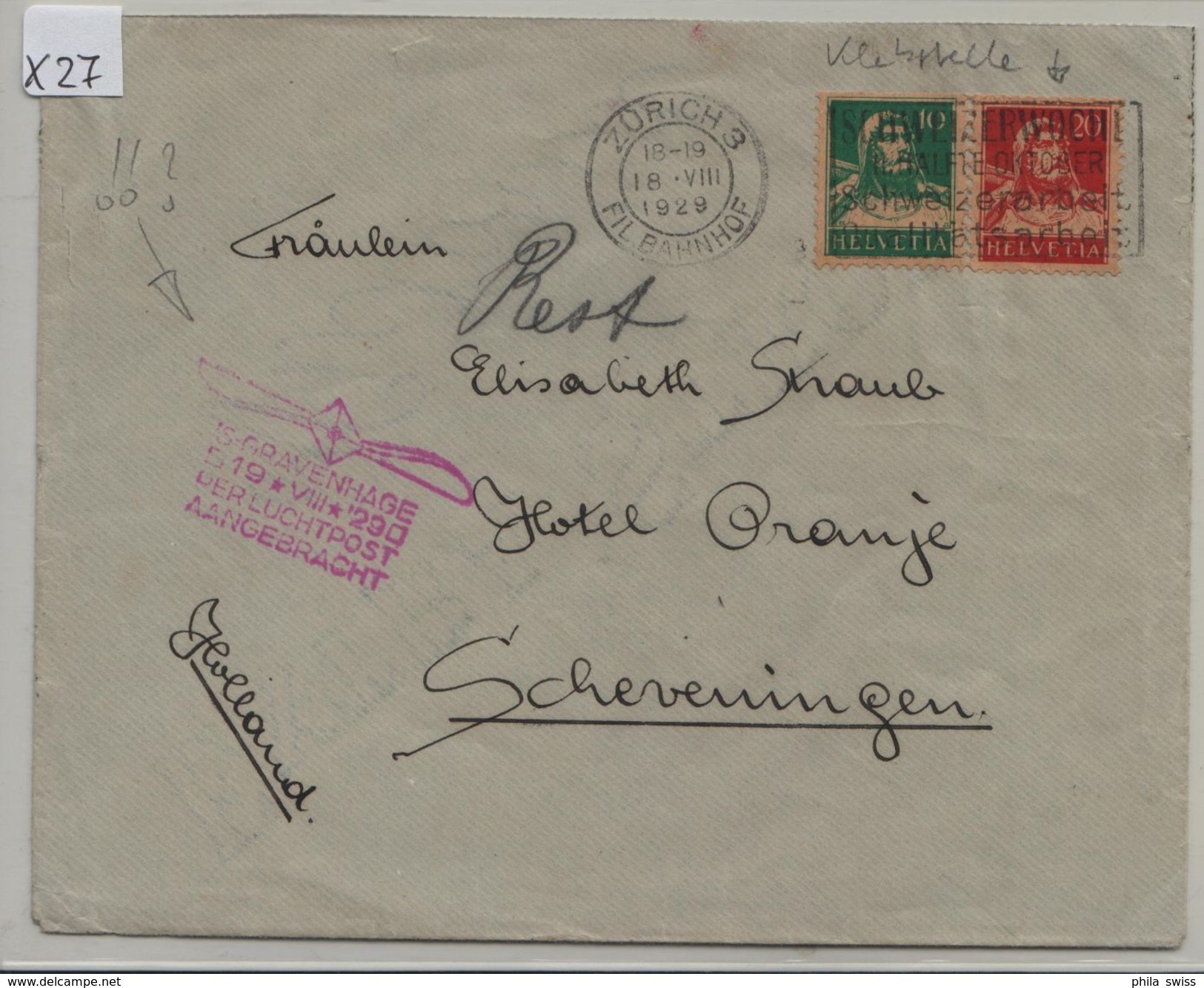 1929 Luchtpost Gravenhage 19.VIII. 172/203x 158/166x Mit Klebestelle Von Zürich To Scheveningen - Rollen