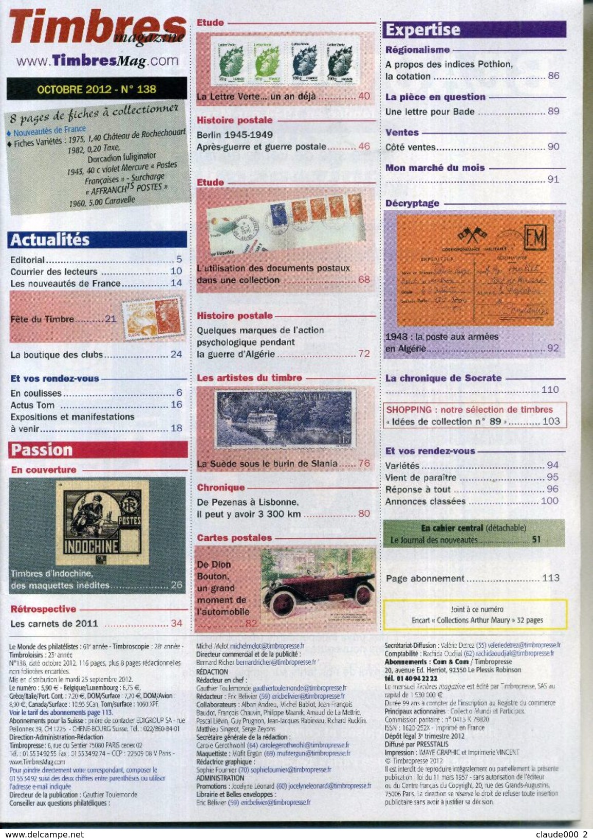 TIMBRES MAGAZINE ANNEE COMPLETE 2012 soit 11 Numéros