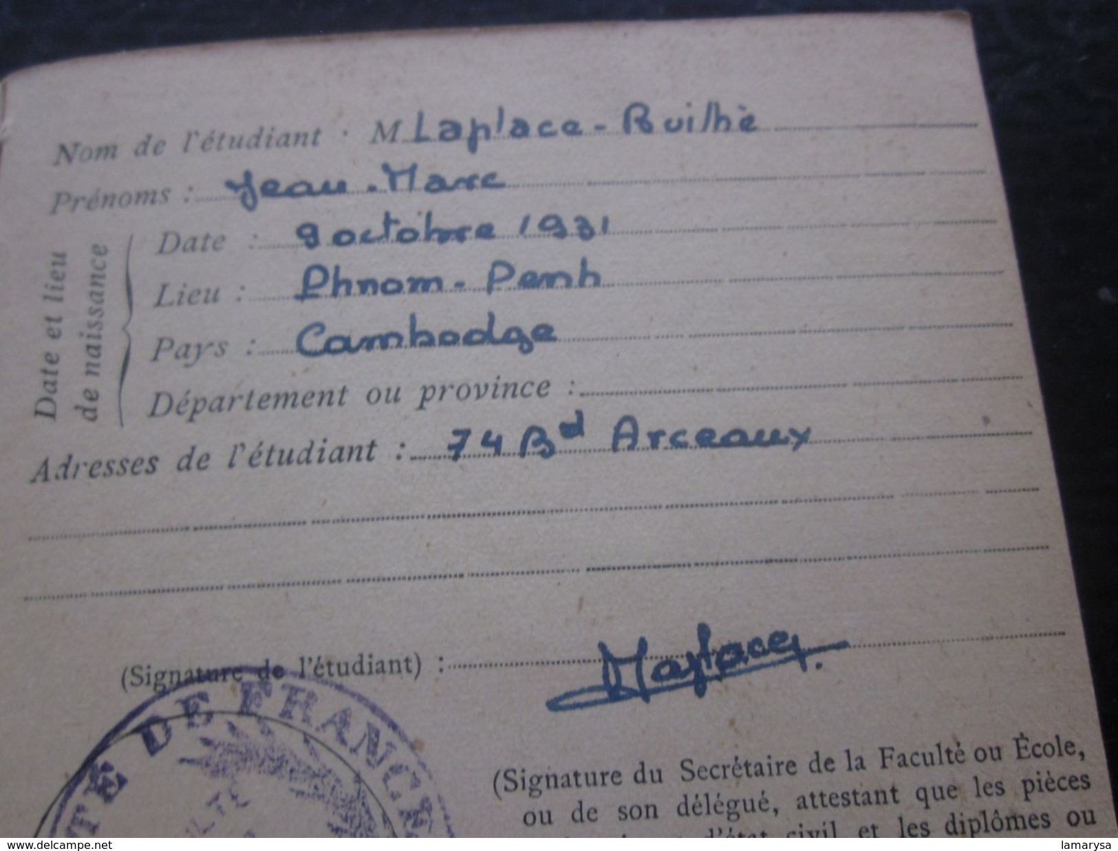 1957 LIVRET UNIVERSITAIRE  UNIVERSITÉ DE FRANCE Laplace Né à Phnom-PENH CAMBODGE - Historical Documents