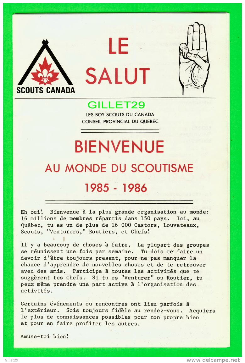 PROGRAMME SCOUTS CANADA - LE SALUT, BIENVENUE AU MONDE DU SCOUTISME  1985-1986 - FRANÇAIC &amp; ANGLAIS , ENVELOPPE - 16 - Programmes