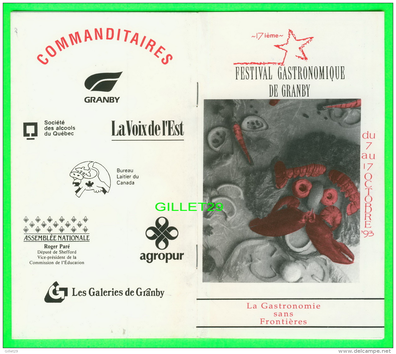 PROGRAMME - 17e FESTIVAL GASTRONOMIQUE DE GRANBY, QUÉBEC  1993 - 26 PAGES - - Programmes