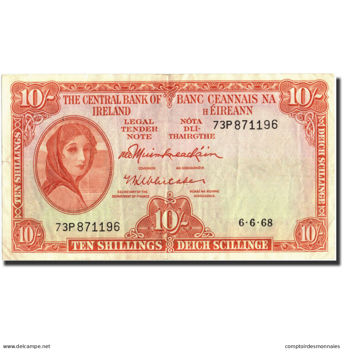 Billet, Ireland - Republic, 10 Shillings, 1968, 1968-06-06, KM:63a, TTB - Irlande