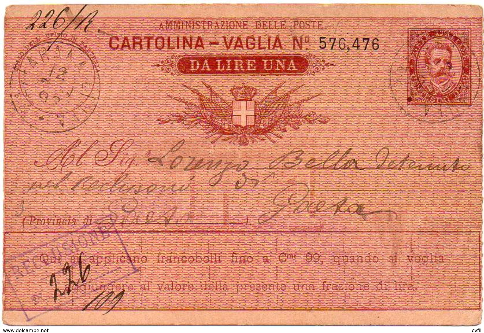 ITALY / ITALIA 1893. Entire Money Order Card. Cartolina-Vaglia Da Lire 1, Tipo B - Interi Postali