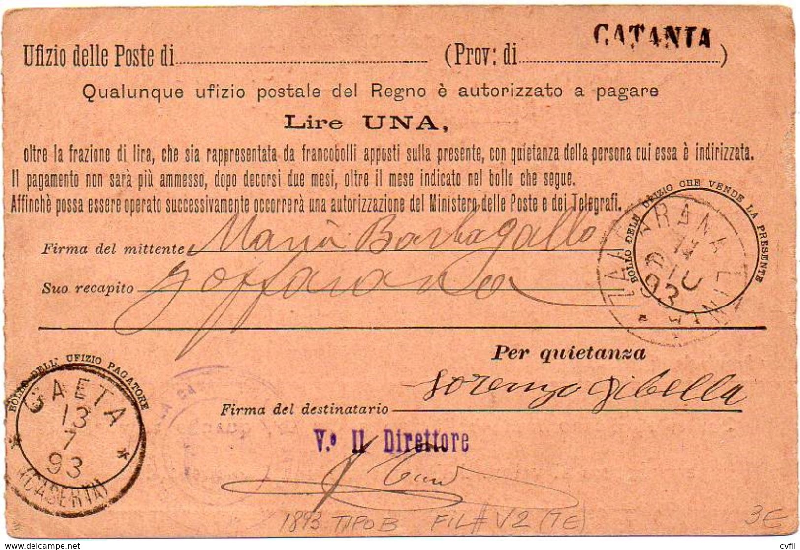 ITALY / ITALIA 1893. Entire Money Order Card. Cartolina-Vaglia Da Lire 1, Tipo B - Interi Postali