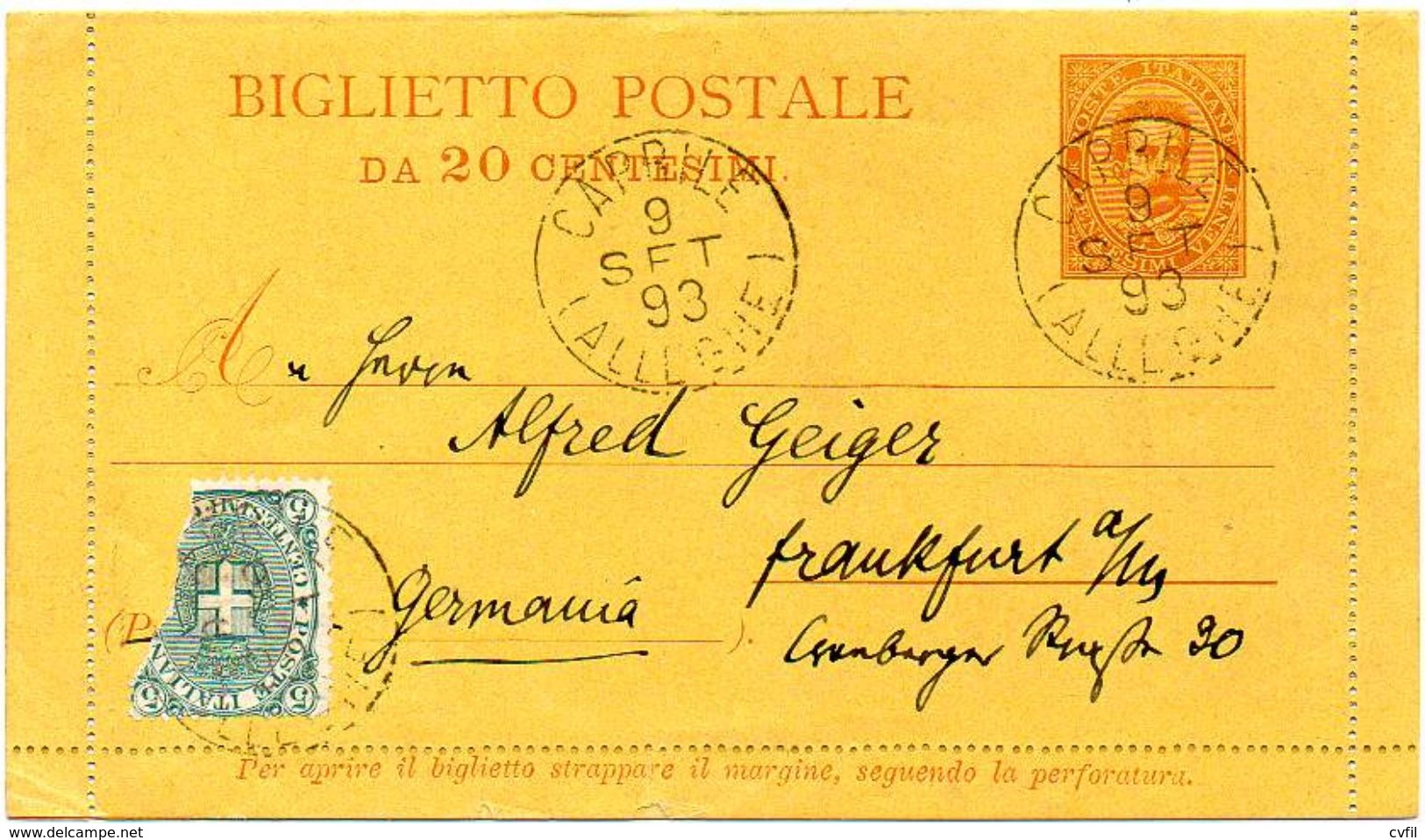 ITALY / ITALIA 1893. Entire Letter Card. Biglietto Postale Da 20 Centesimi, To Frankfurt A/M, Germany - Stamped Stationery