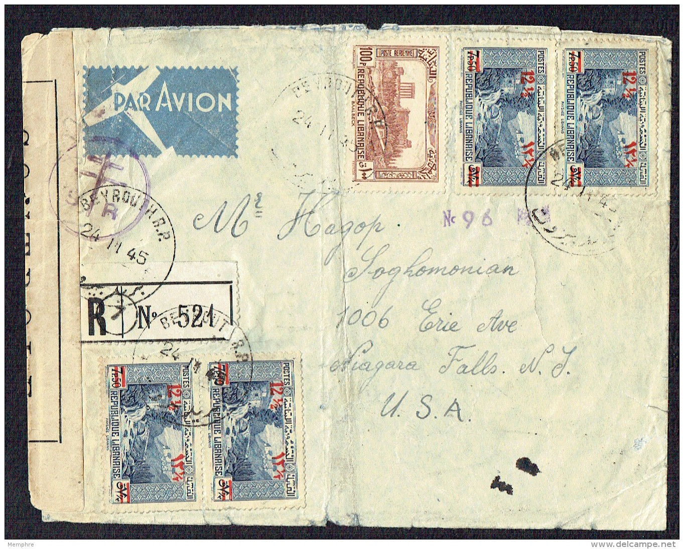 1945  Lettre Avion Recommandée De Beyrouth Pour Les USA Yv 163 X4, Rare  PA 74 Censure France Libre - Cartas & Documentos