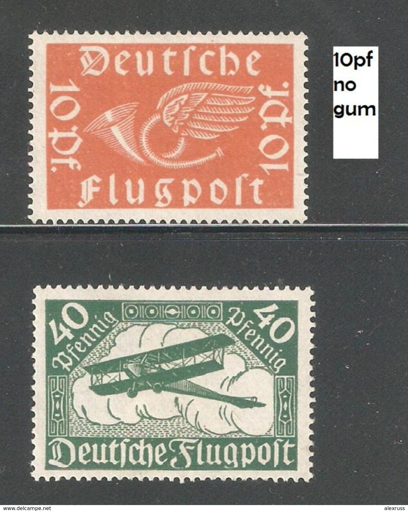 Germany 1919, Air Mail, Scott # C1-C2, VF Mint Hinged* / 10 Pf Scott # C1 No Gum (A-8) - Unused Stamps