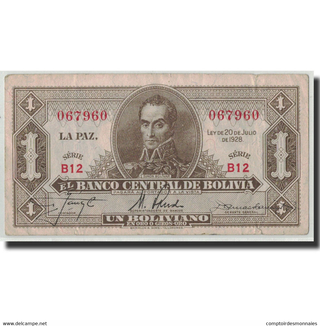 Billet, Bolivie, 1 Boliviano, 1928, 1928-07-20, KM:128a, TTB - Bolivia