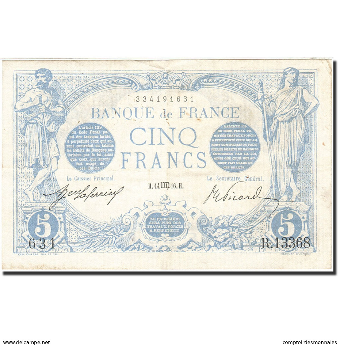 Billet, France, 5 Francs, 1909-1912, 1916-10-14, TTB, Fayette:2.44, KM:70 - 5 F 1912-1917 ''Bleu''