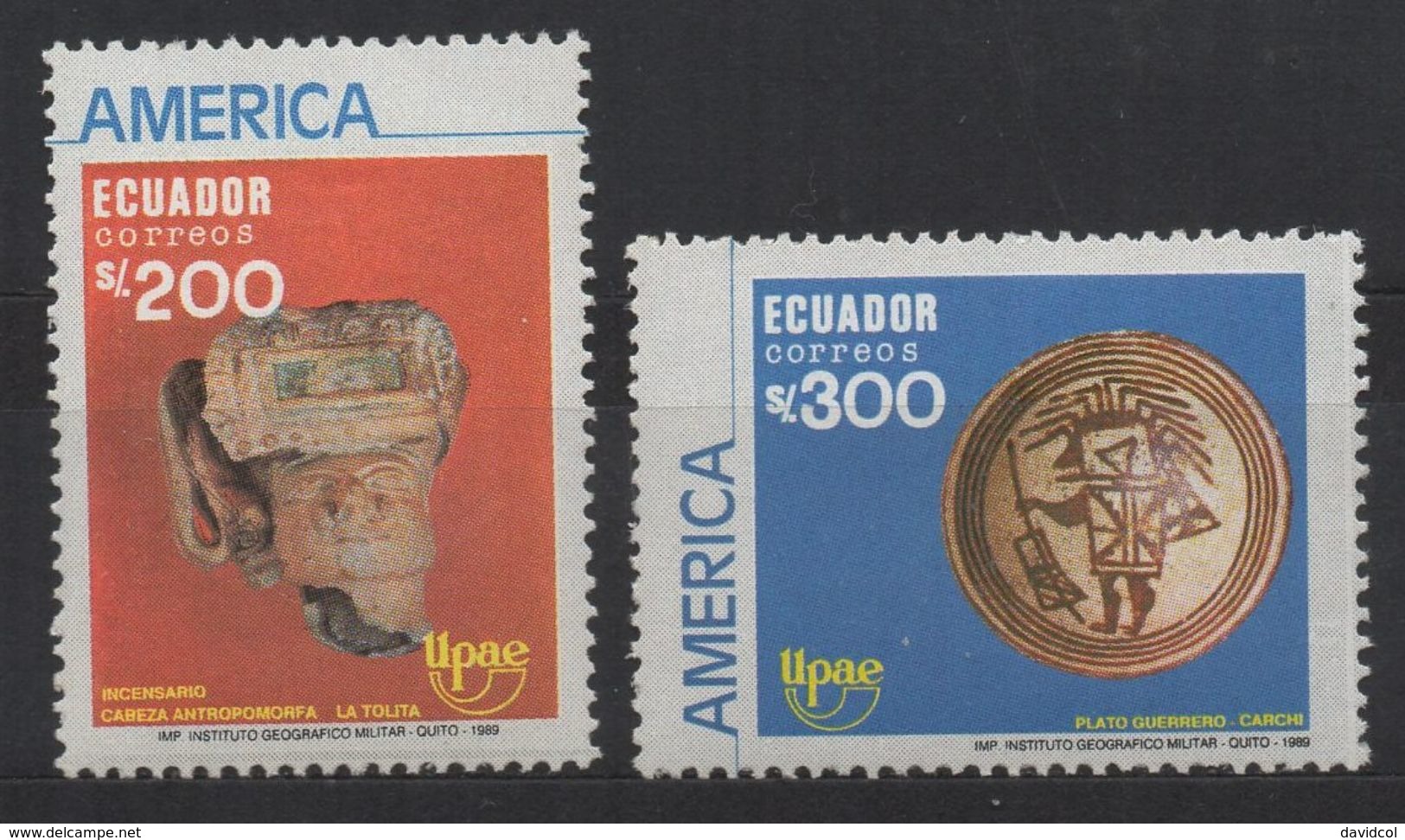 R208 ECUADOR - 1989.-.SC#: 1227-1228.-.MNH - AMERICA UPAEP- CERAMIC/ARCHAEOLOGY - Equateur