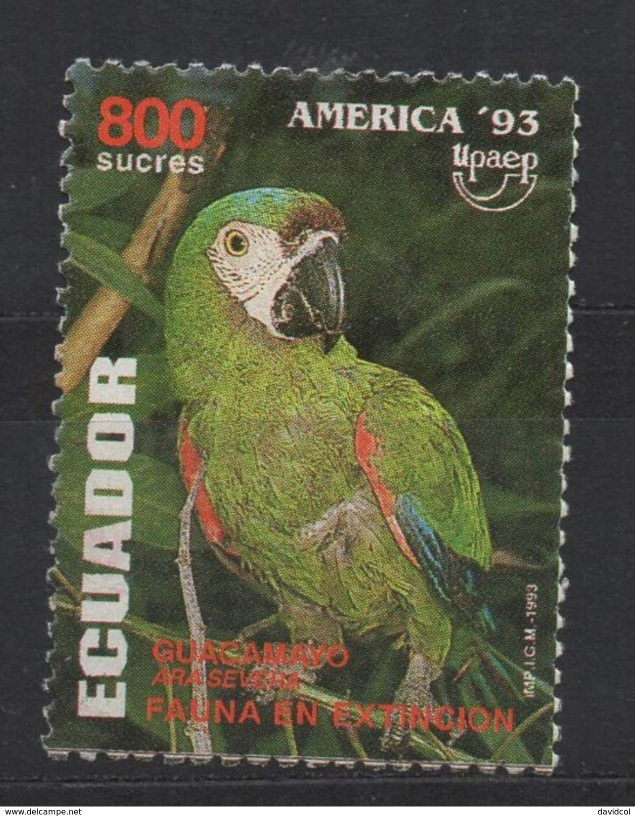 R212-. ECUADOR - 1993.-.SC#: 1325.-." ERROR "- AMERICA IN WHITE, NORMAL ARE IN YELLOW- MNG - AMERICA UPAEP- PARROT- - Equateur