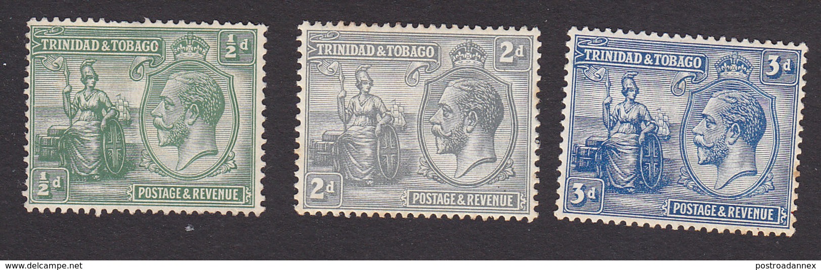 Trinidad And Tobago, Scott #21, 24-25, Mint Hinged, Britannia And King George V, Issued 1922 - Trinidad & Tobago (...-1961)