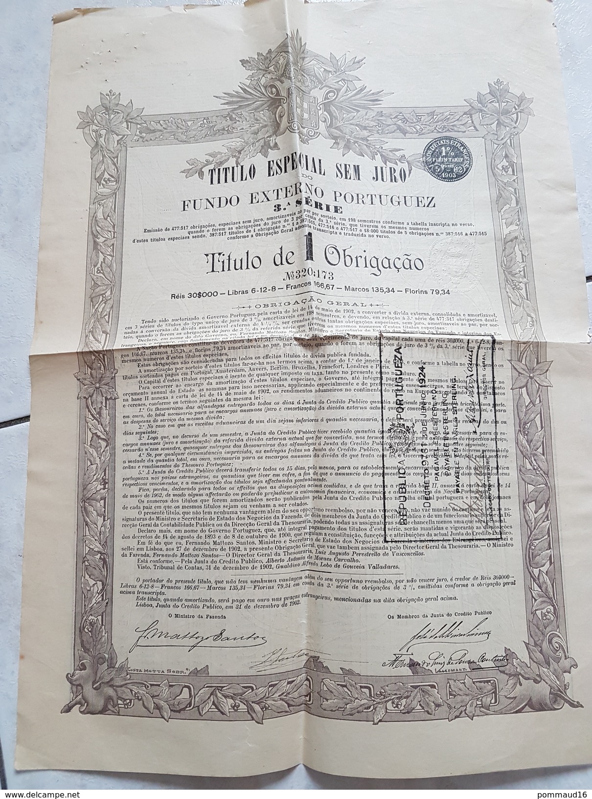 Titulo Especial Sem Juro Do Fundo Externo Portuguez 3°série - Titulo De Obrigaçao - Cachet 1924 - Banque & Assurance