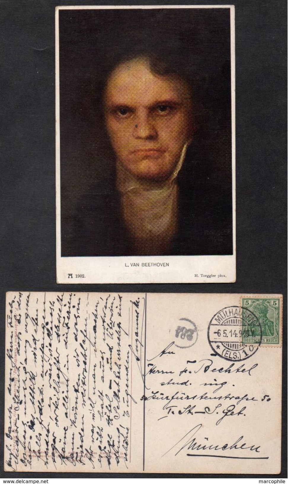 LUDWIG VAN BEETHOVEN - MUSIQUE - COMPOSITEUR / 1914 CARTE POSTALE VOYAGEE (ref LE1397) - Cantantes Y Músicos