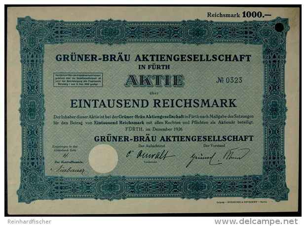 F&uuml;rth 1926, Gr&uuml;ner-Br&auml;u AG In F&uuml;rth, Dezember 1926, Aktie &uuml;ber 1000 RM. Kleiner Bug Und... - Non Classés