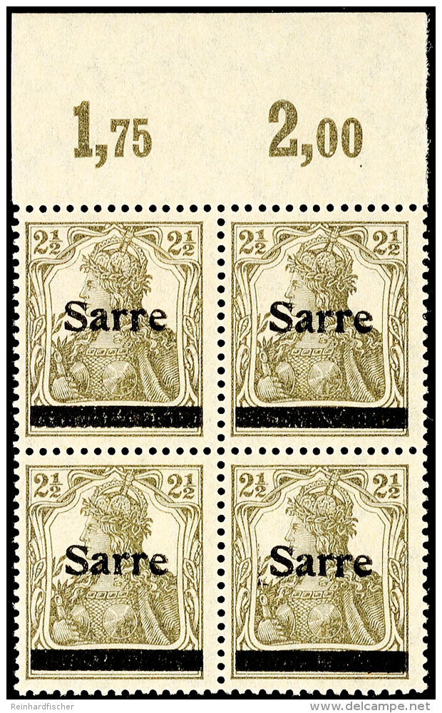 2 1/2 Pfg Germania In Dunkelgr&uuml;ngrau (sog. Bronzegrau) Mit Aufdruck "Sarre" In Type I, Viererblock Vom... - Autres & Non Classés