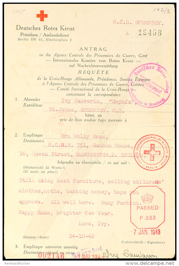 Nachrichten&uuml;bermittlung Vom 24.10.42 Auf Formular Vom Deutschen Roten Kreuz Von Guernsey Nach England Und... - 2° Guerre Mondiale