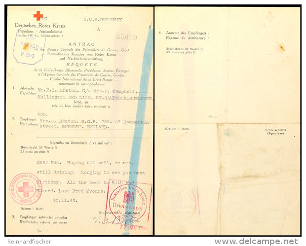 Nachrichten&uuml;bermittlung Vom 10.11.43 Auf Formular Vom Deutschen Roten Kreuz Von Guernsey Nach England Ohne... - 2° Guerre Mondiale