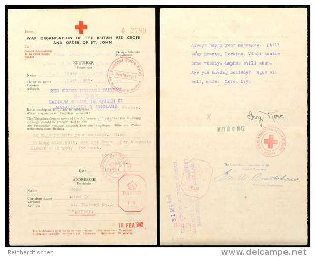 Nachrichten&uuml;bermittlung Vom 2.2.42 Auf Formular Vom Britischen Roten Kreuz Von England Nach Guernsey Und... - 2° Guerre Mondiale