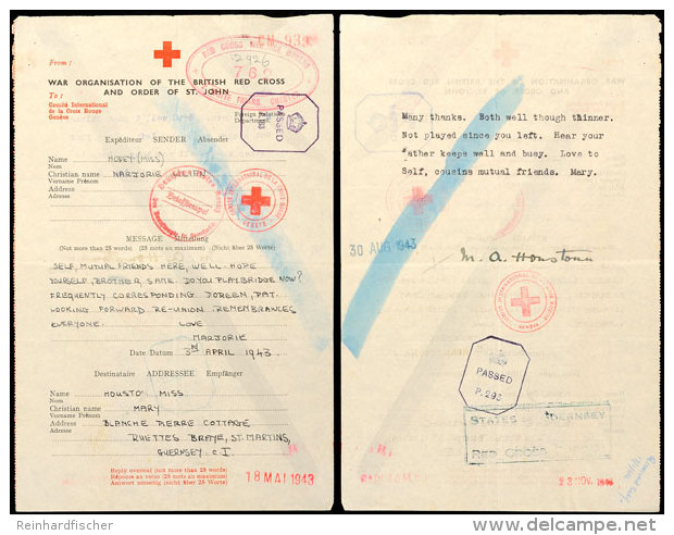 Nachrichten&uuml;bermittlung Vom 3.4.43 Auf Formular Vom Britischen Roten Kreuz Von England Nach Guernsey Und... - 2° Guerre Mondiale