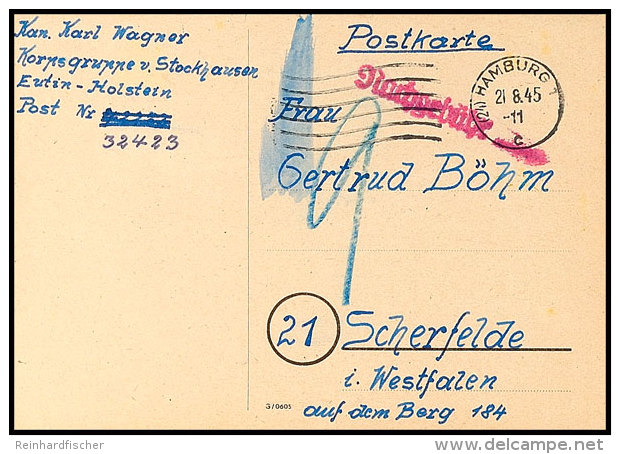 1945, Korpsgruppe Von Stockhausen, Unfrankierte Postkarte Mit Absender Aus Eutin Mit Poststempel HAMBURG 21.8. Und... - Autres & Non Classés