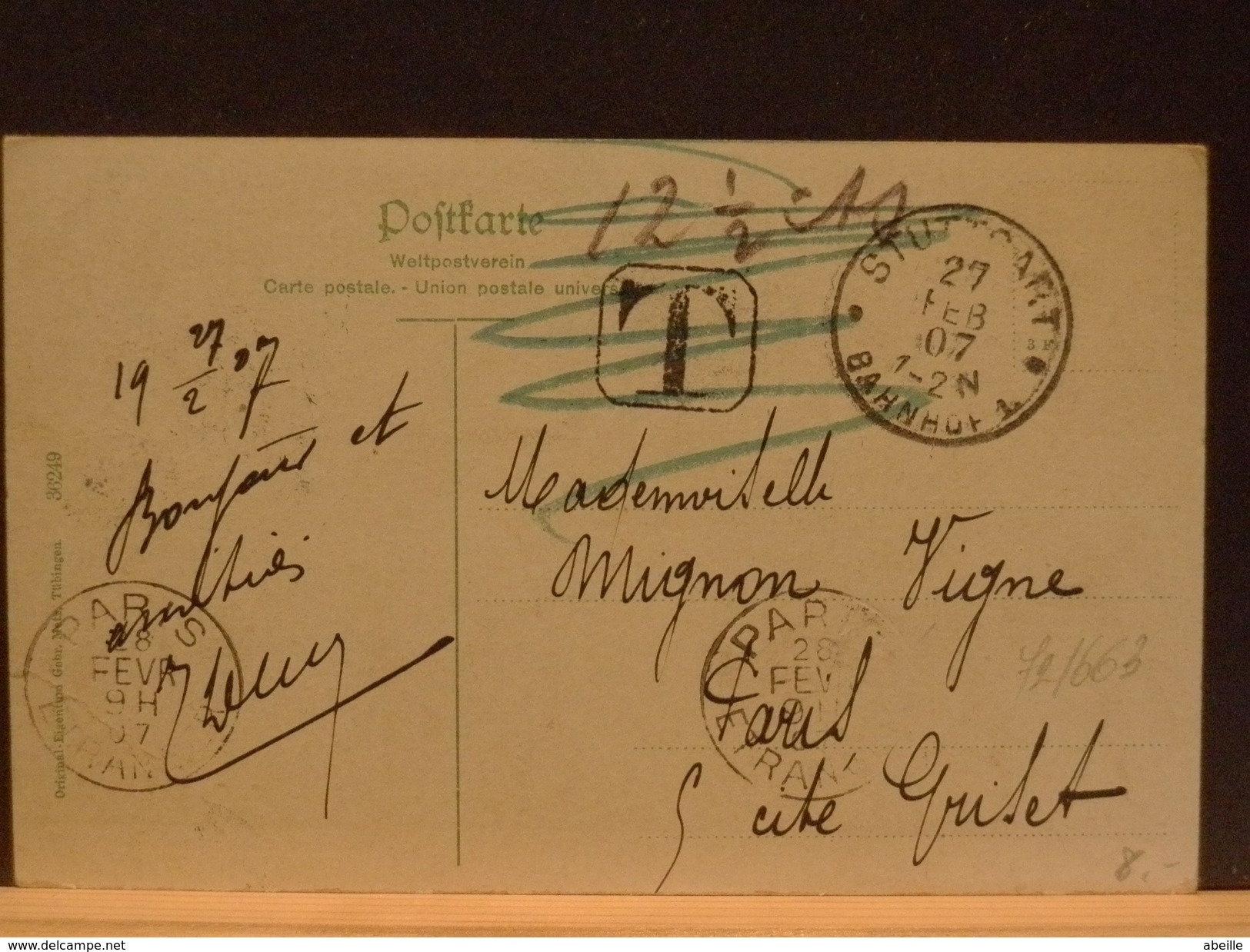 72/663  CP ALLEMAGNE 1907 POUR LA FRANCE TAXEE - Briefe U. Dokumente