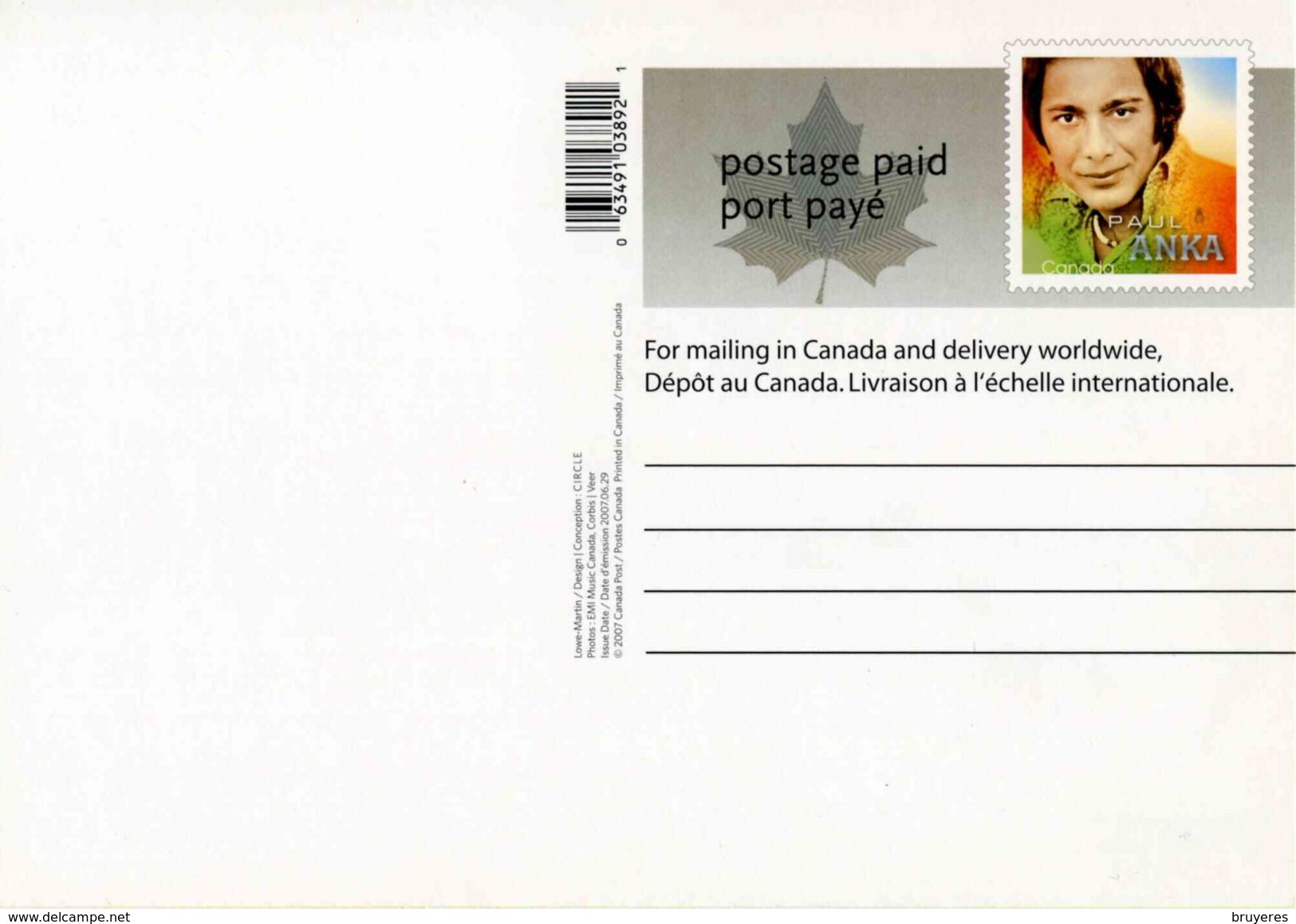 Entier Postal De 2007 Sur Carte Postale Avec Timbre Et Illust. "Artistes Canadiens De La Chanson : PAUL ANKA" - 1953-.... Reinado De Elizabeth II