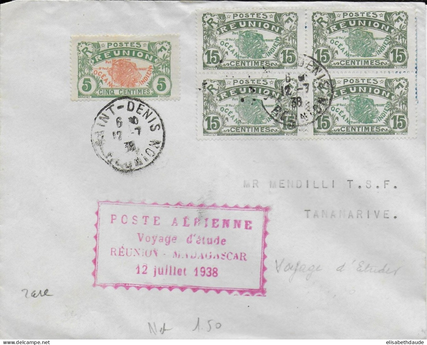 REUNION - 1938 - ENVELOPPE Par AVION De SAINT-DENIS "POSTE AERIENNE VOYAGE D'ETUDE REUNION MADAGASCAR" => TANANARIVE - Covers & Documents