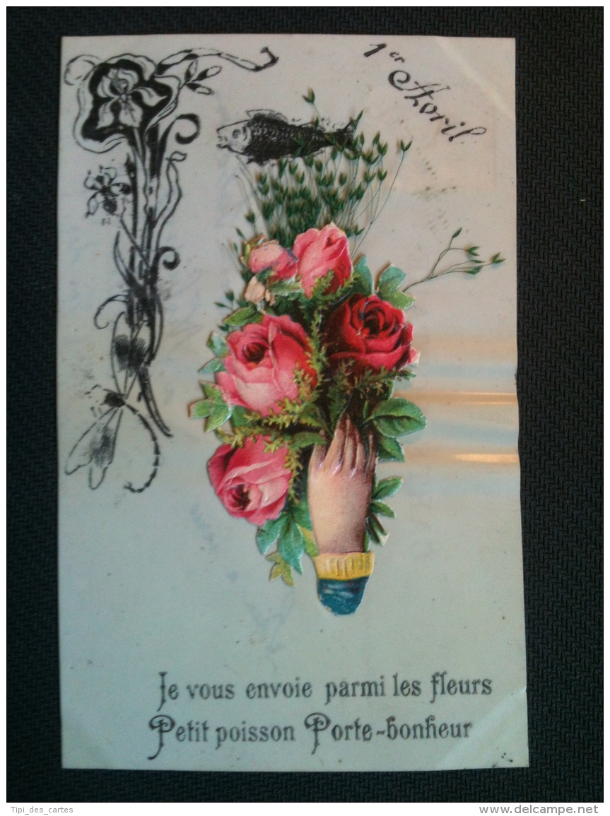 Carte Celluloïde - 1er Avril, Je Vous Envoie Parmi Les Fleurs Petit Poisson Porte-bonheur - Autres & Non Classés