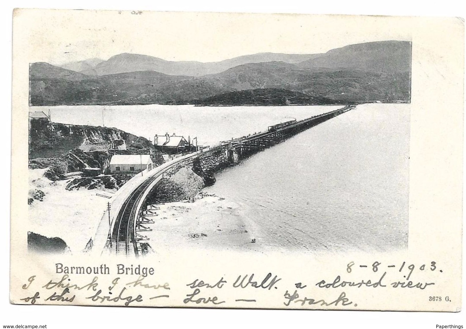 Early Postcard, Wales, Barmouth Bridge, Railway Line, Train, Houses, 1903. - Cardiganshire