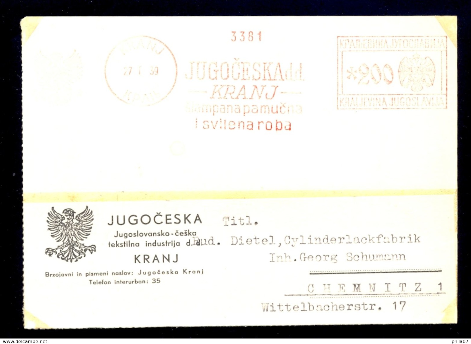 Slovenia, Kingdom Of Yugoslavia - Nice Machine Cancel 'JUGOCESKA Dd KRANJ' On... / 2 Scans - Slovenia