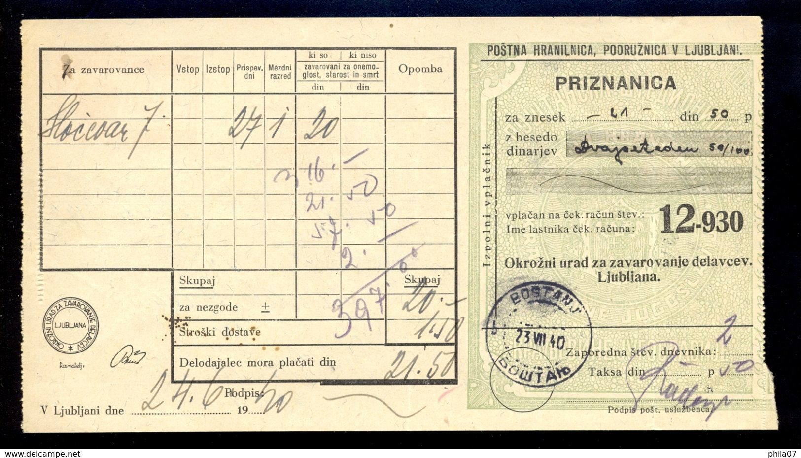 Slovenia, Kingdom Of Yugoslavia - Nice Machine Cancel On Postal Document 'OKRUZNI URAD'. / 2 Scans - Slovénie