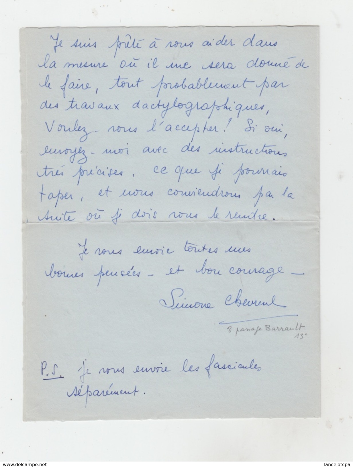 LETTRE AUTOGRAPHE De SIMONE CHEVREUL écrivain à PAUL COBAN Poëte - Other & Unclassified