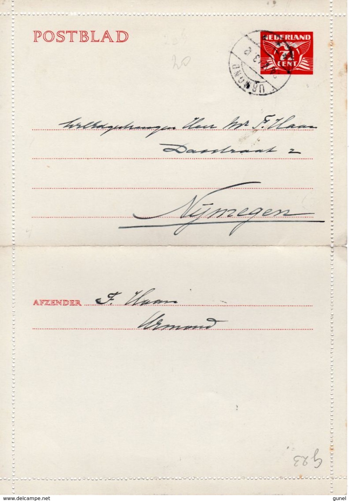 1943 Postblad G22 Met Randen Van URMOND Naar Nijmegen - Postal Stationery