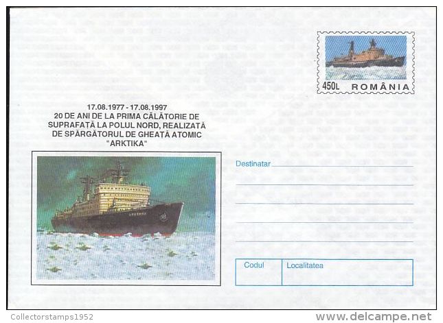 62626- ARKTIKA ATOM ICEBREAKER, NORTH POLE VOYAGE, COVER STATIONERY, 1997, ROMANIA - Navires & Brise-glace