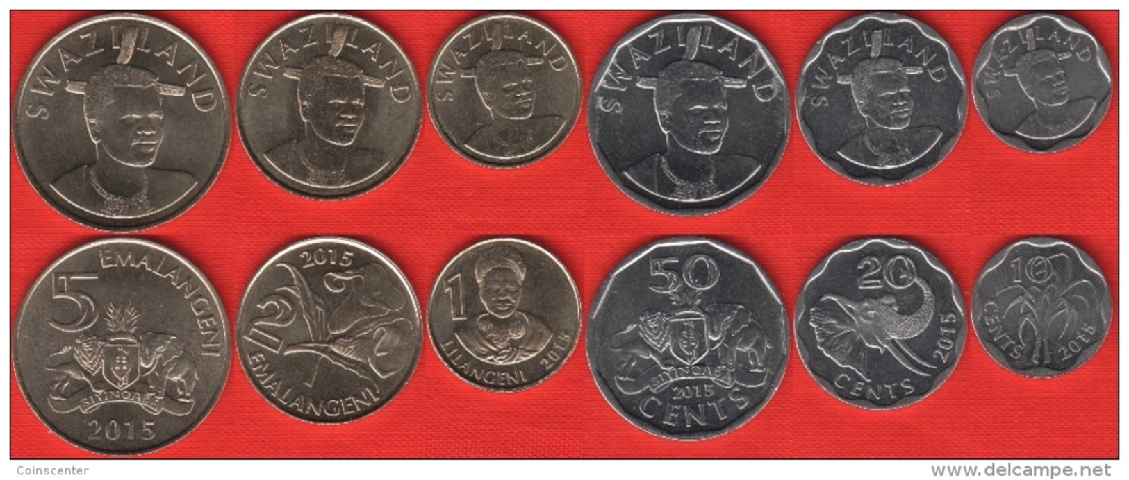 Swaziland Set Of 6 Coins: 10 Cents - 5 Emalangeni 2015 "Mswati III" UNC - Swaziland