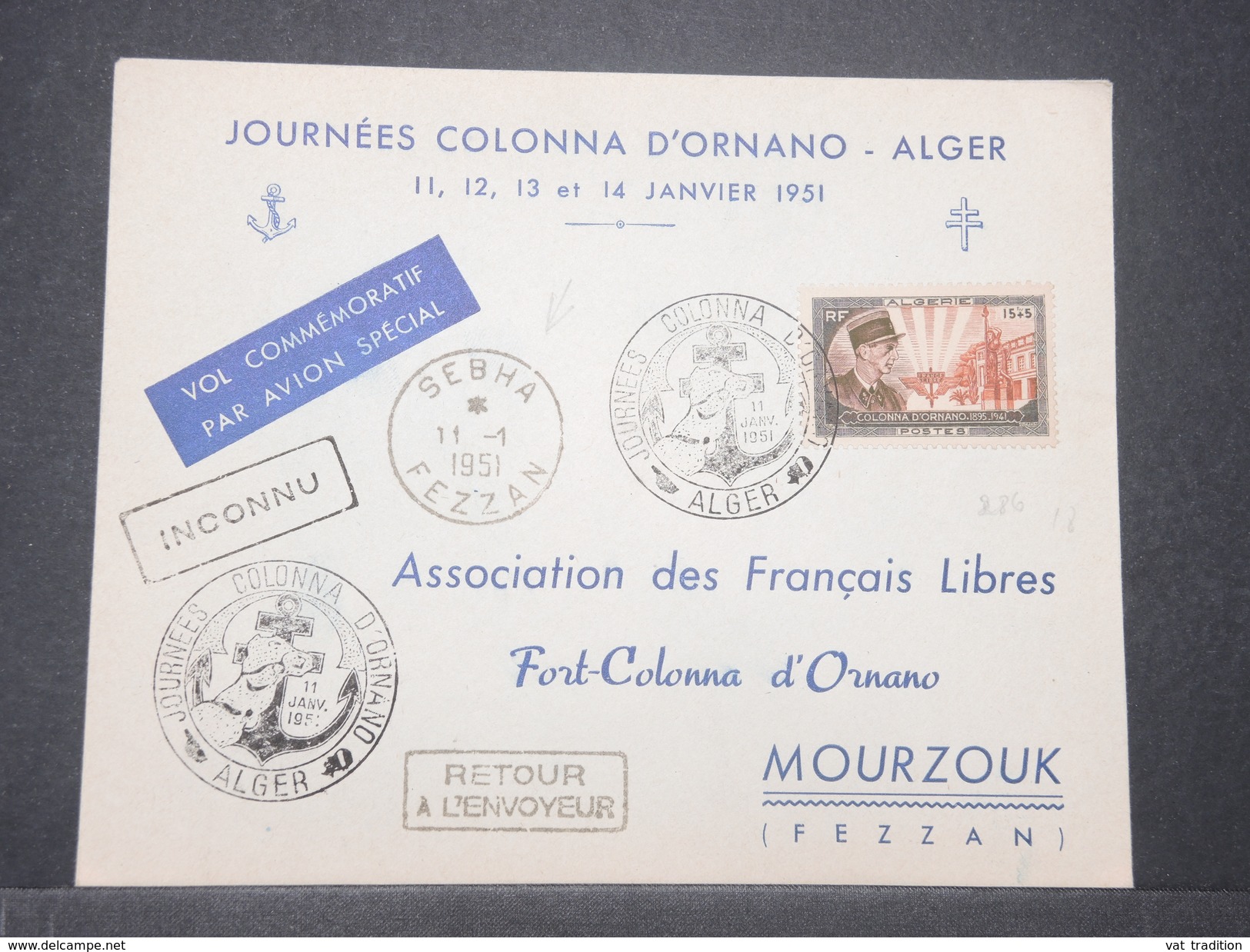 FRANCE / FEZZAN - Oblitération "Sebha " Sur Enveloppe Par Avion Spécial De Alger Pour Mourzouk En 1951  - L 9407 - Cartas & Documentos