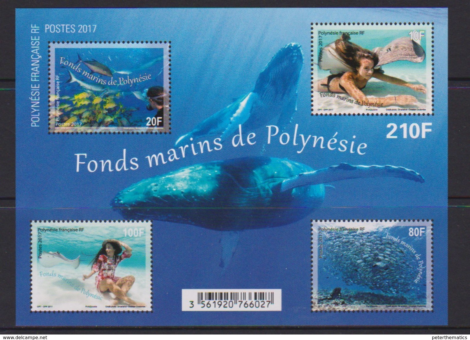 FRENCH POLYNESIA ,2017, MNH, MARINE LIFE,  WHALES, FISH, RAYS, SHARKS, SEA FLOOR, SHEETLET - Whales