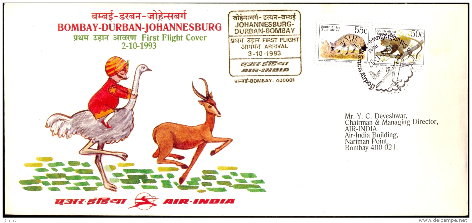 BIRDS-OSTRICHES-CACHET ON FIRST FLIGHT COVER-BOMBAY-JOHANNESBURG-TIED WITH SETENANT-INDIAN AIR FORCE-INDIA-1993-BX1-370 - Straussen- Und Laufvögel