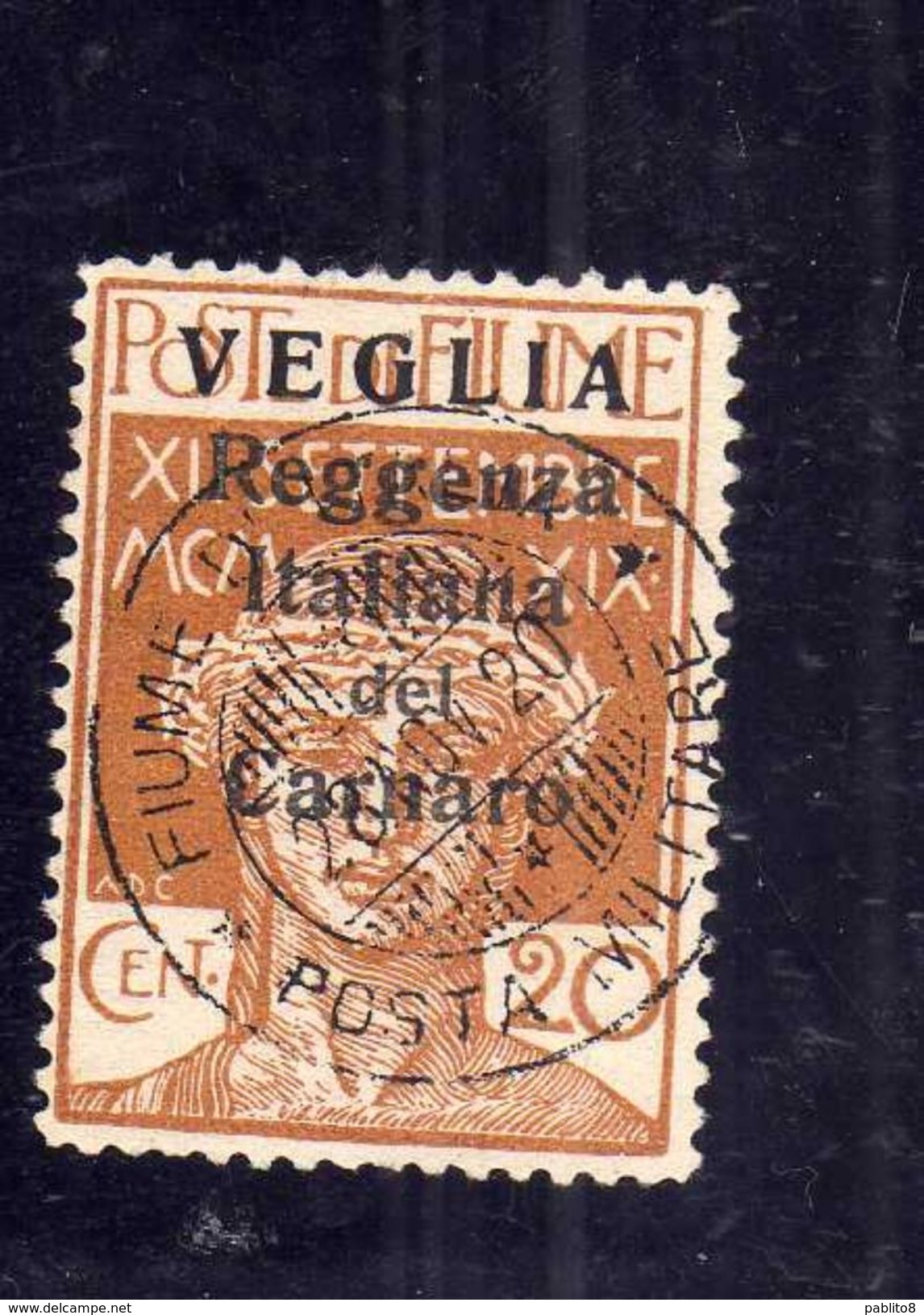 VEGLIA 1920 REGGENZA ITALIANA DEL CARNARO CENT. 20 C USATO USED OBLITERE´ - Arbe & Veglia