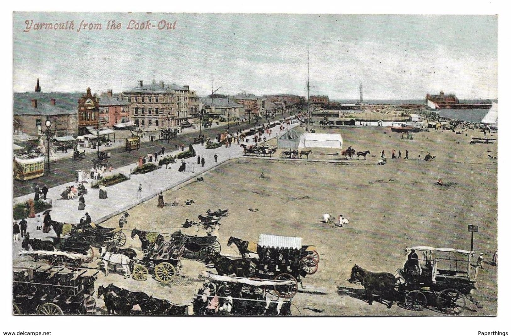 Old Colour Postcard, Yarmouth From The Look-out, Horse And Cart, Beach, Buildings, People. - Great Yarmouth