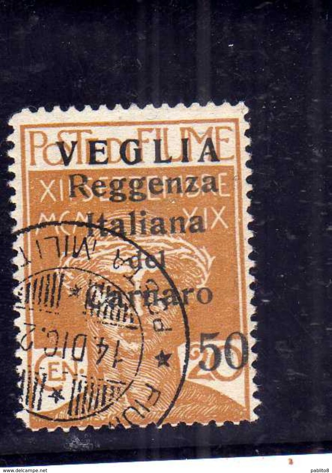 VEGLIA 1920 REGGENZA ITALIANA DEL CARNARO CENT. 50 SU 20 C USATO USED OBLITERE' - Arbe & Veglia