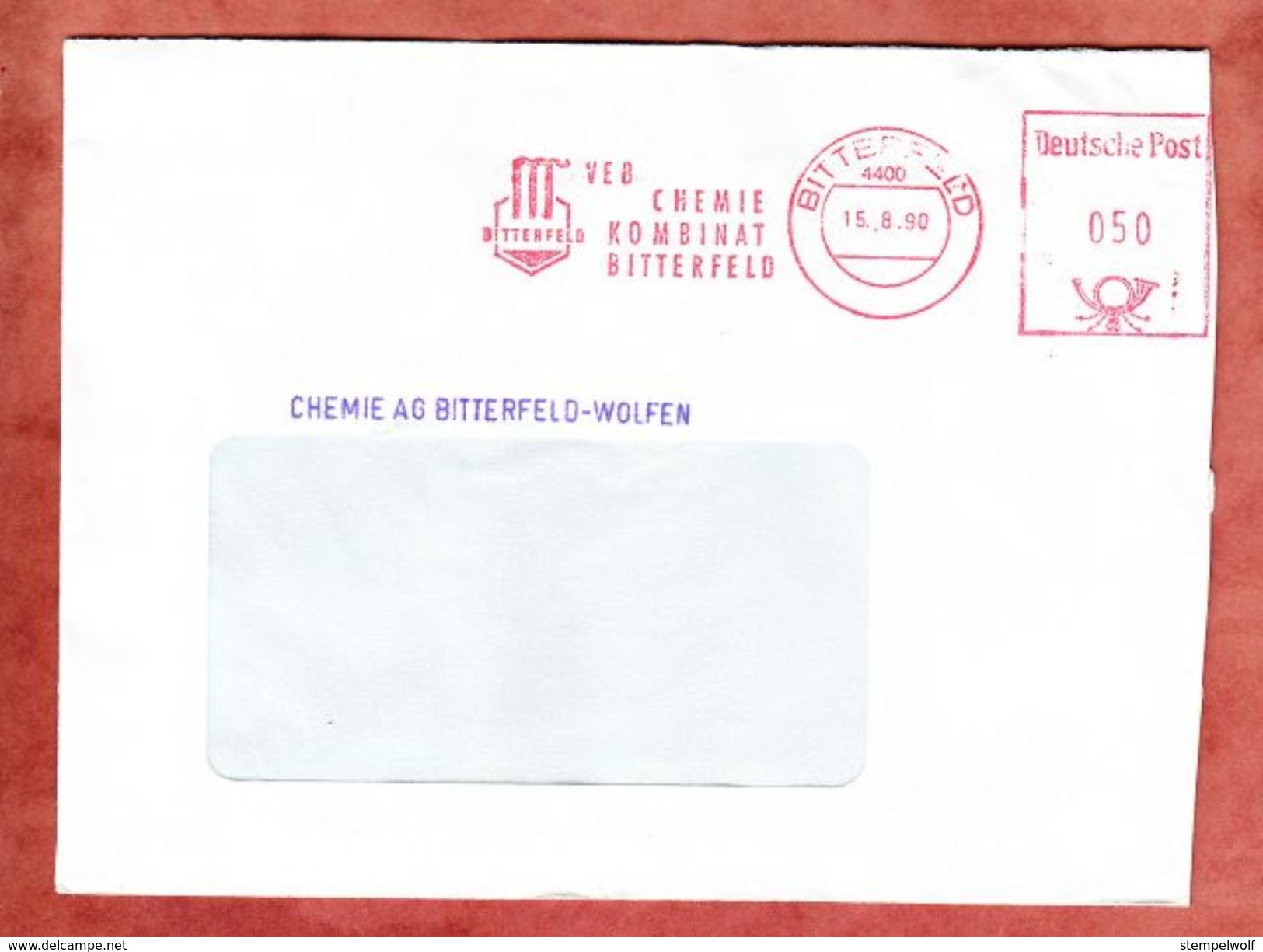 Brief, Absenderfreistempel, VEB Chemie Kombinat, 50 Pfg, Bitterfeld 1990 (39220) - Maschinenstempel (EMA)