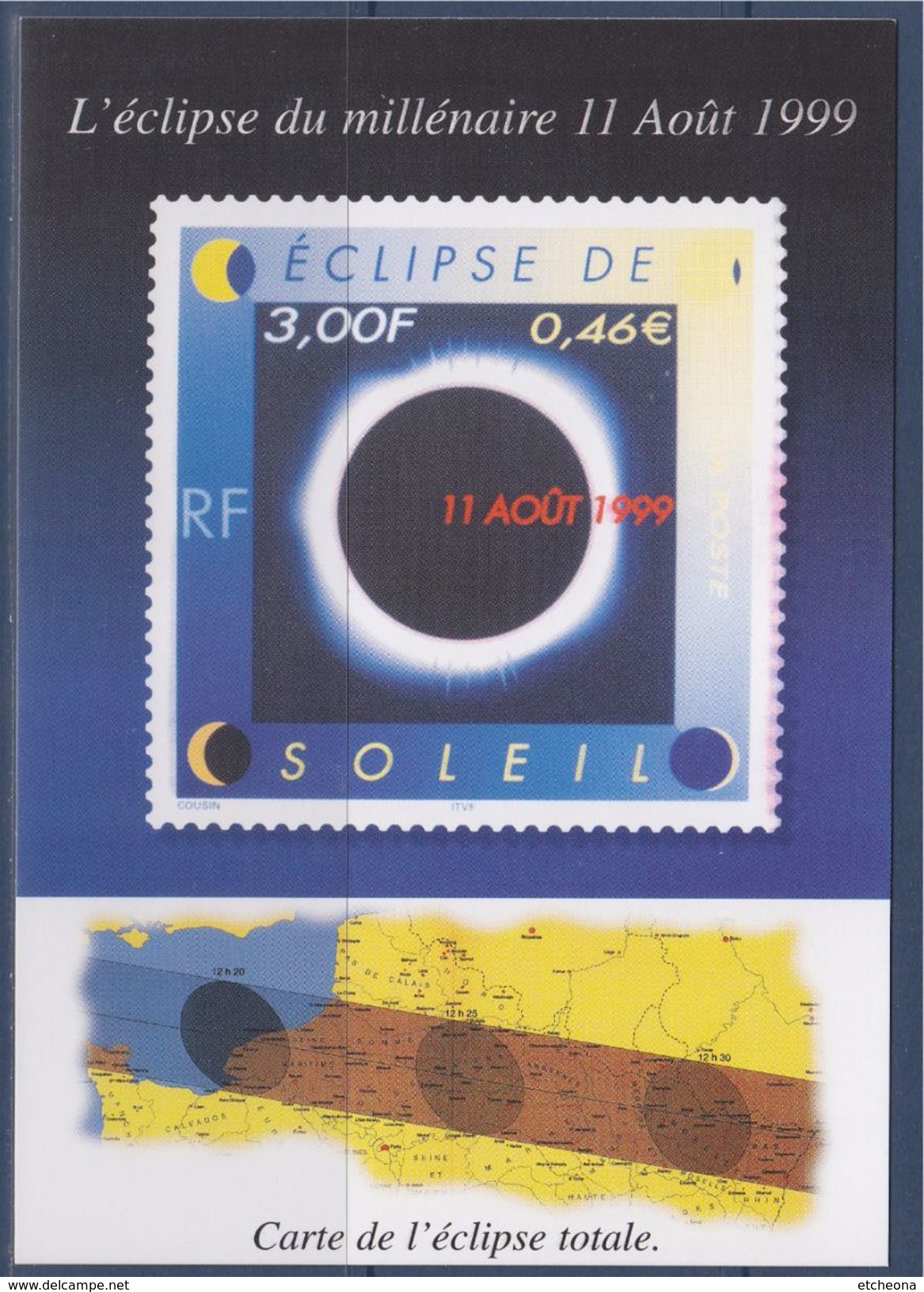 = Eclipse Du Millénaire 11 Août 1999, Carte Postale Reprise Timbre 3261 Et Tracé Sur La Carte - Astronomie