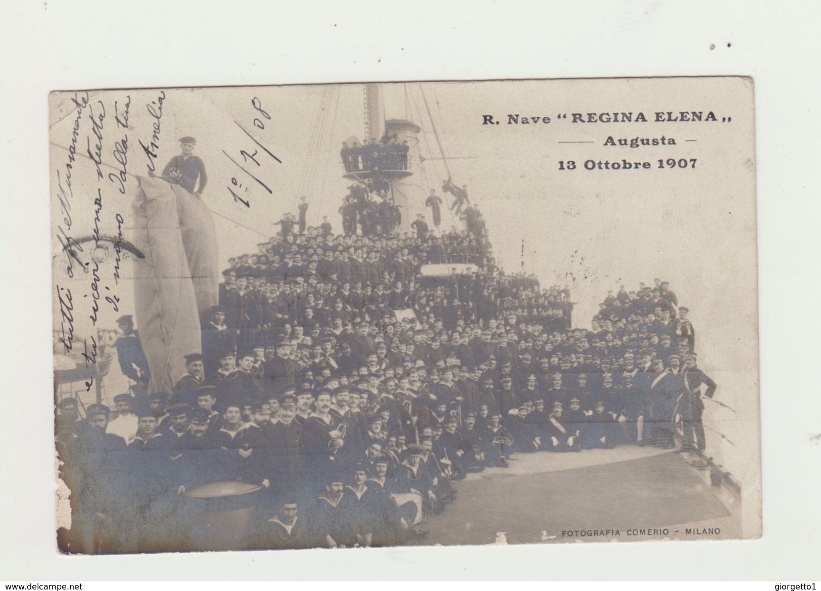 REGIA NAVE "REGINA ELENA" CARTOLINA VIAGGIATA 1908 - MARINA POSTCARD - Uniformi