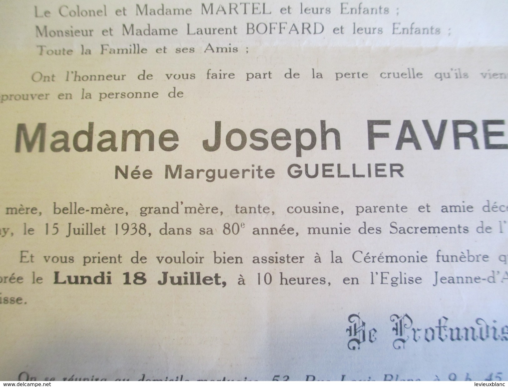 Faire-part De Décés/Madame Joseph Favre/Guellier/80 Ans/ Vichy/Eglise Jeanne D'Arc / 1938           FPD109 - Décès