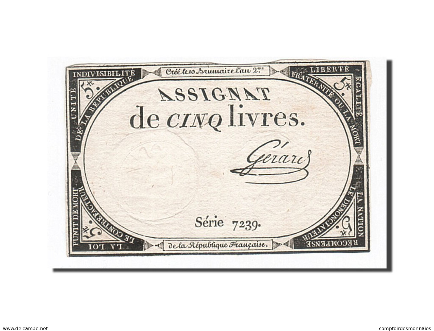 Billet, France, 5 Livres, 1793, 1793-10-31, Gérard, TTB, KM:A76, Lafaurie:171 - Assignats