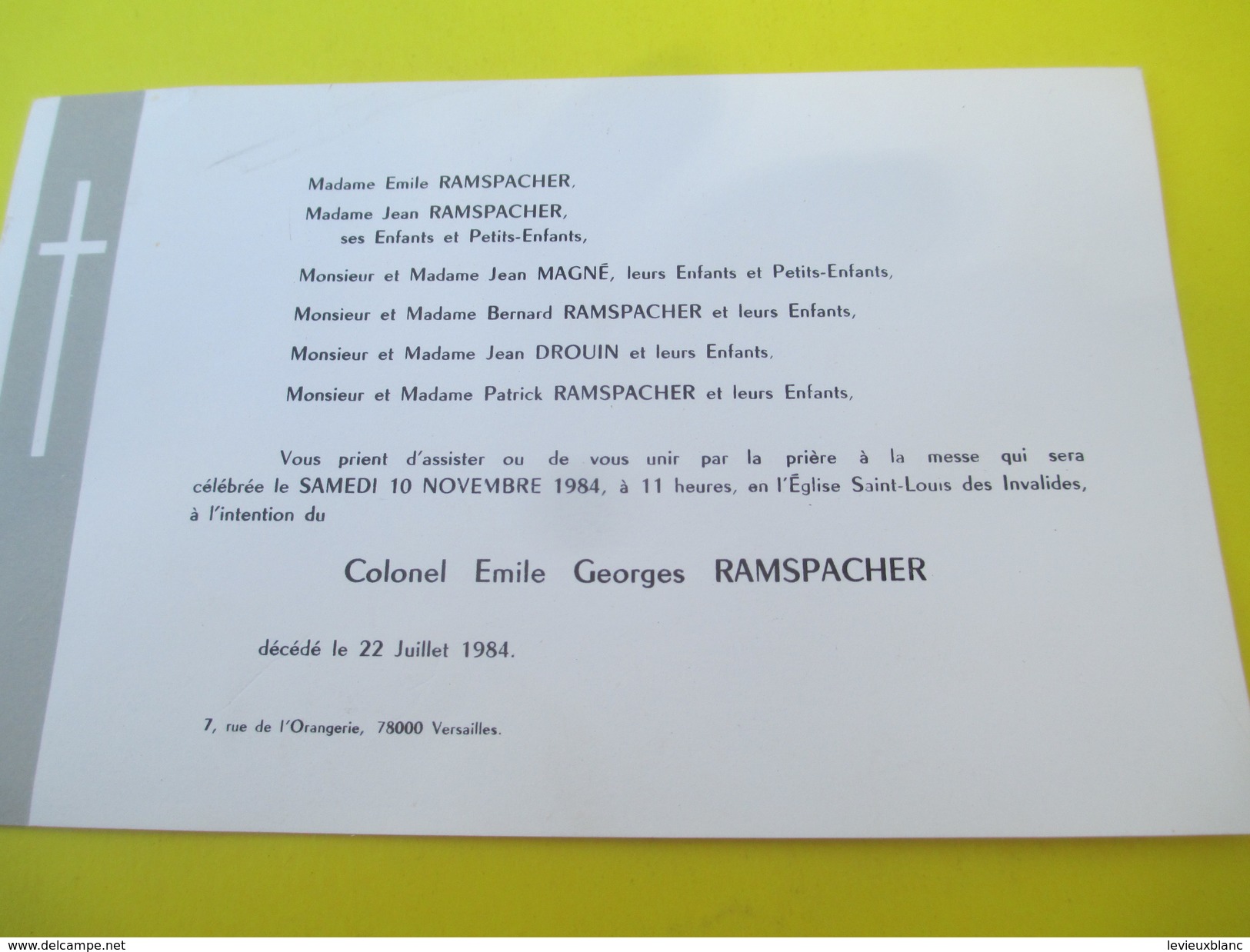 Faire-part De Décés/Colonel Emile Georges RAMSPACHER/Eglise Saint-Louis Des Invalides / Paris/Versailles/ 1984    FPD110 - Obituary Notices